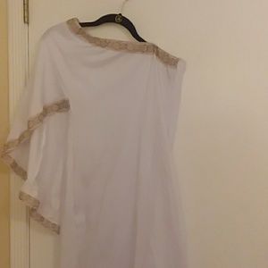White after 5 one sleeve dress with Gold trimming.